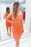 Sparkly Orange One Shoulder Sequins Tight Homecoming Dress with Feathers