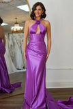 Purple Mermaid Halter Neck Open Back Long Prom Dress
