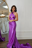 Purple Mermaid Halter Neck Open Back Long Prom Dress