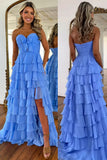 Yellow A-Line Sweetheart Tiered Prom Dress with Slit