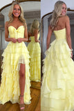 Yellow A-Line Sweetheart Tiered Prom Dress with Slit