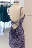 Purple Sheath Spaghetti Straps Sequins Short Homecoming Dress