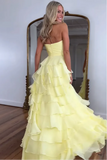Yellow A-Line Sweetheart Tiered Prom Dress with Slit