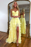 Yellow A-Line Sweetheart Tiered Prom Dress with Slit