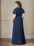 Dark Navy A-Line V-Neck Lace Chiffon Mother of the Bride Dress