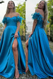 Blue A-Line Off The Shoulder Sweetheart Satin Long Prom Dress with Feather