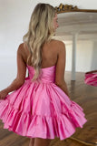 A Line Pink Strapless Tiered Short Homecoming Dress with Bow