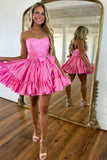 A Line Pink Strapless Tiered Short Homecoming Dress with Bow