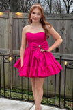 A Line Pink Strapless Tiered Short Homecoming Dress with Bow