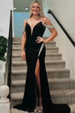Black Mermaid Cold Shoulder V-Neck Beads Long Prom Dress with Slit
