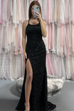 Black Mermaid Sequined Scoop Neck Sleeveless Long Prom Dress with Slit