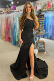 Black Mermaid One Shoulder Beaded Long Prom Dress with Slit