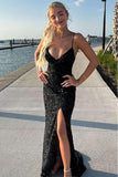 Black Mermaid Spaghetti Straps V-Neck Sequined Long Prom Dress with Slit
