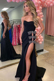 Black Mermaid Strapless High Slit Long Prom Dress with Bows