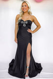 Black Mermaid Strapless Sweetheart Bows Prom Dress with Slit