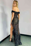 Glitter Black Mermaid Off The Shoulder Long Prom Dress with Feather