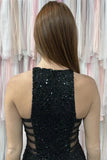 Black Mermaid Sequined Scoop Neck Sleeveless Long Prom Dress with Slit