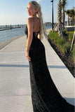 Black Mermaid Spaghetti Straps V-Neck Sequined Long Prom Dress with Slit