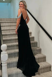 Black Mermaid Cold Shoulder V-Neck Beads Long Prom Dress with Slit