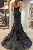 Black Mermaid Strapless Keyhole Satin Long Prom Dress with Slit