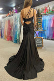 Black Mermaid One Shoulder Beaded Long Prom Dress with Slit