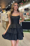 Black Spaghetti Straps A Line Tiered Short Homecoming Dress With Bow