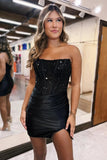 Sparkly Fuchsia Detachable Off the Shoulder Satin Tight Short Homecoming Dress with Sequins