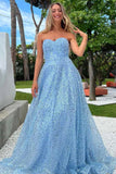 Sparkly Blue A-Line Strapless Sweetheart Sequins Long Prom Dress