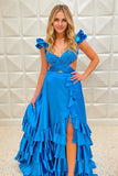 Blue A Line Backless V-Neck Ruffle Prom Dress with High Slit
