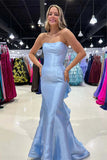 Blue Mermiad Satin Strapless Long Prom Dress with Ruffle Train