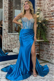 Blue Mermaid Strapless V-Neck Beads Pleated Long Prom Dress with Slit