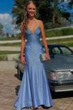 Sparkly Blue Mermaid Spaghetti Straps V-Neck Rhinestone Long Prom Dress
