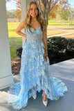Blue A-Line Strapless Sequins Tiered Appliques Long Prom Dress with Slit