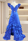 Blue A Line Backless V-Neck Ruffle Prom Dress with High Slit