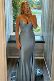 Blue Mermaid Spaghetti Straps V-Neck Pleated Prom Dress with Appliques