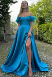Blue A-Line Off The Shoulder Sweetheart Satin Long Prom Dress with Feather