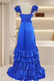 Blue A Line Backless V-Neck Ruffle Prom Dress with High Slit
