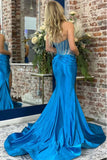 Blue Mermaid Strapless V-Neck Beads Pleated Long Prom Dress with Slit