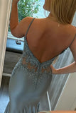 Blue Mermaid Spaghetti Straps V-Neck Pleated Prom Dress with Appliques