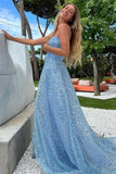 Sparkly Blue A-Line Strapless Sweetheart Sequins Long Prom Dress