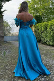 Blue A-Line Off The Shoulder Sweetheart Satin Long Prom Dress with Feather