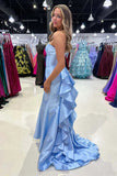 Blue Mermiad Satin Strapless Long Prom Dress with Ruffle Train