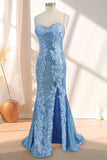 Blue Mermaid Spaghetti Strap Long Prom Dress with Slit