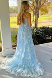 Blue A-Line Strapless Sequins Tiered Appliques Long Prom Dress with Slit