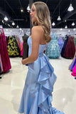 Blue Mermiad Satin Strapless Long Prom Dress with Ruffle Train