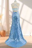 Blue Mermaid Spaghetti Strap Long Prom Dress with Slit