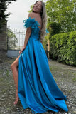 Blue A-Line Off The Shoulder Sweetheart Satin Long Prom Dress with Feather