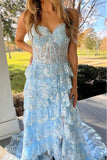 Blue A-Line Strapless Sequins Tiered Appliques Long Prom Dress with Slit
