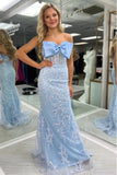 Blue Mermaid Stunning Strapless Lace Appliques Long Prom Dress with Bow