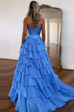Blue A Line Strapless Satin Corset Long Prom Dress with Ruffle Skirt